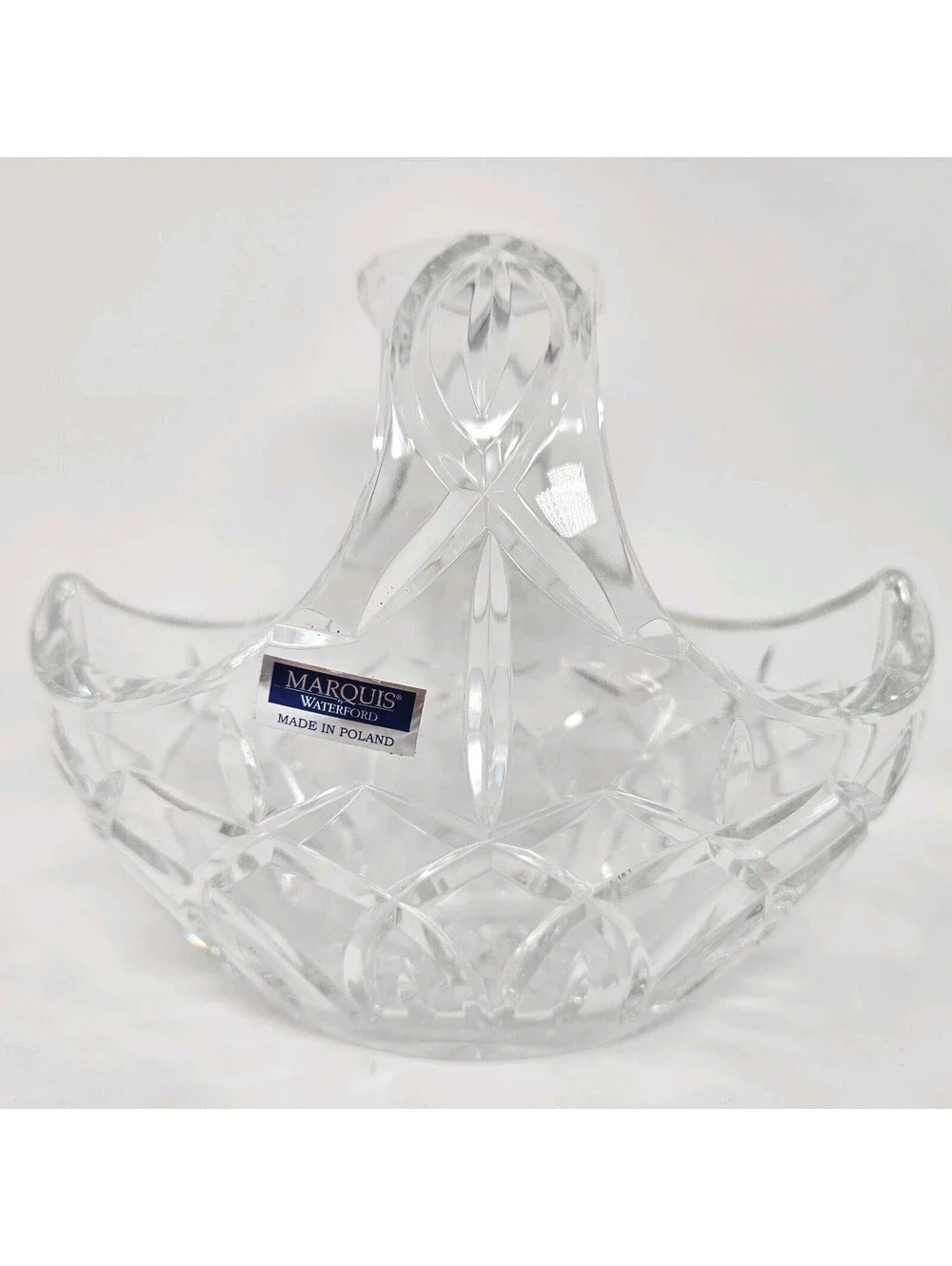 Marquis by Waterford Crystal Basket 7” Handled Original Sticker Unique Cut Glass